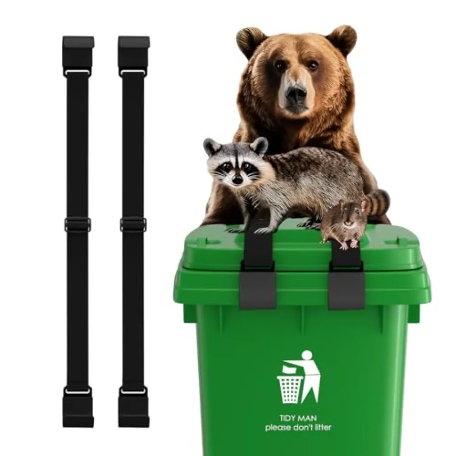 

2Pcs Raccoon-Proof Trash Can Locks - Metal Double Claw Strap for 28-96 Gallons, Adjustable Anti-Rust Bungee Cord, Universal Out