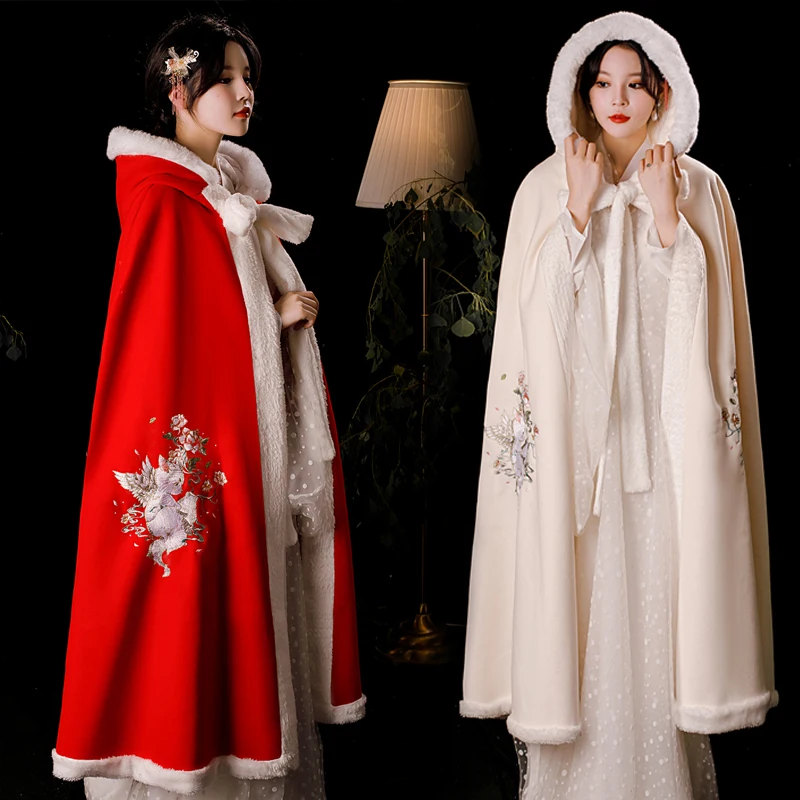 Men and Women Hanfu Cloak Mountain Sea Sutra Machine Embroidery Couple Thickened Fleece-Lined Woolen Winter