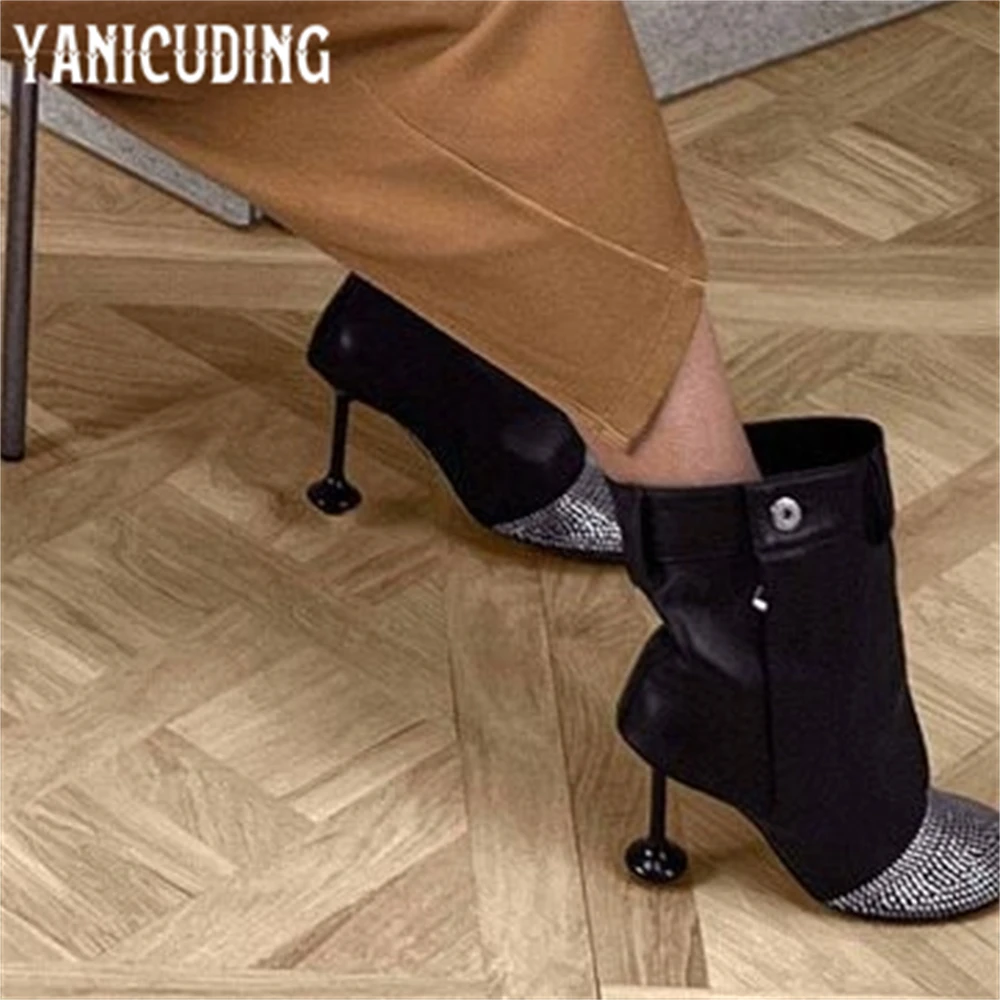 Rhinestone Pocket Booties Novelty Designer Style Strange Heel Ankle Boots Soft Leather Luxurious Bling Bling Booties for Women