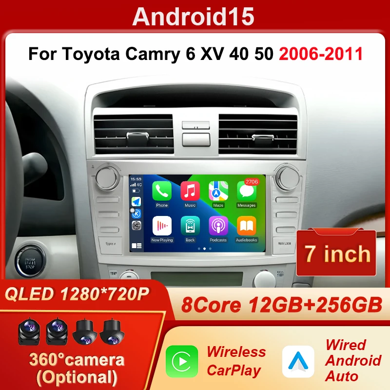 Radio para Auto con GPS y Navegación Android 15 para Toyota Camry 6 XV 40 50 2006-2011, Unidad Principal con Carplay, Estéreo, Android Auto Inalámbrico y Pantalla QLED