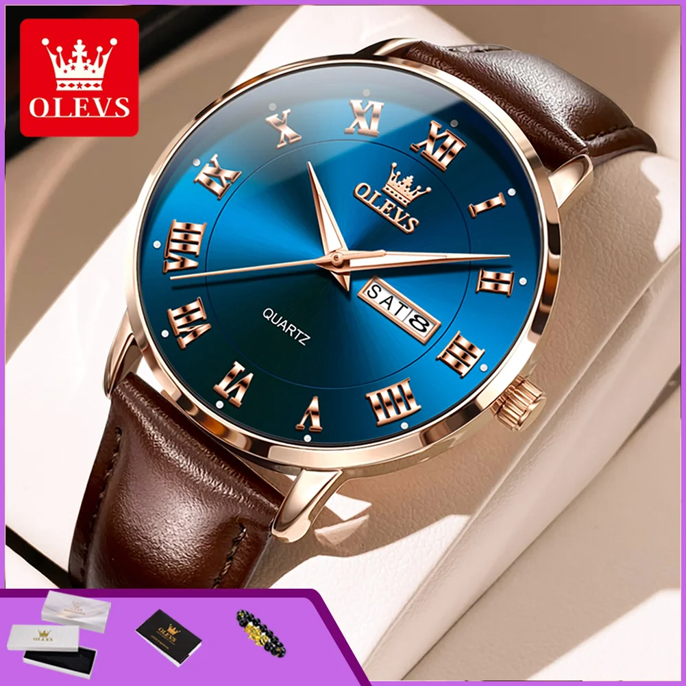 OLEVS 2920 Top Herrenuhren Mode Luxus Doppelkalender Leuchtend Römisches Zifferblatt Lederarmband Wasserdichte Quarz-Armbanduhr für Männer