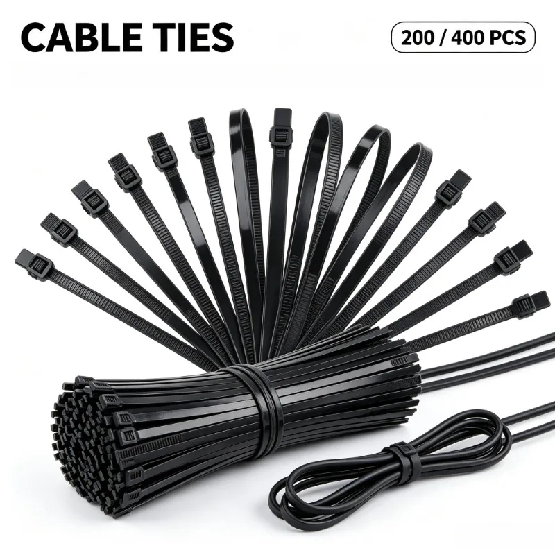 200/400PCS Black Nylon Self‑Locking Zip Ties, Heavy‑Duty Wire Binding Straps for Home, Garden and Outdoor Organizing`