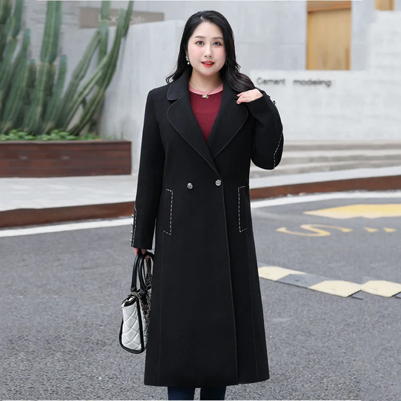 

2023 New Solid Full Long Sleeves Fashion Womens Woolen Overcoat Wool Blends Plus Size Coats Spring Female Section Woolen Coat