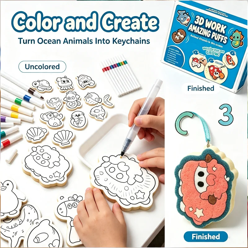 3D DIY Painting Keychain Wood Pulp Cotton Painting Foam Fluffy Parent-child Interactive Handmade Educational Toys for Kids Gift