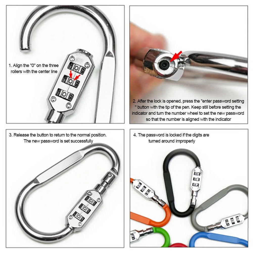 Outdoor Hiking Bag Luggage Security Carabiner Lock 3 Dial Password Padlock Tool Portable Luggage Zinc Alloy Security Lock