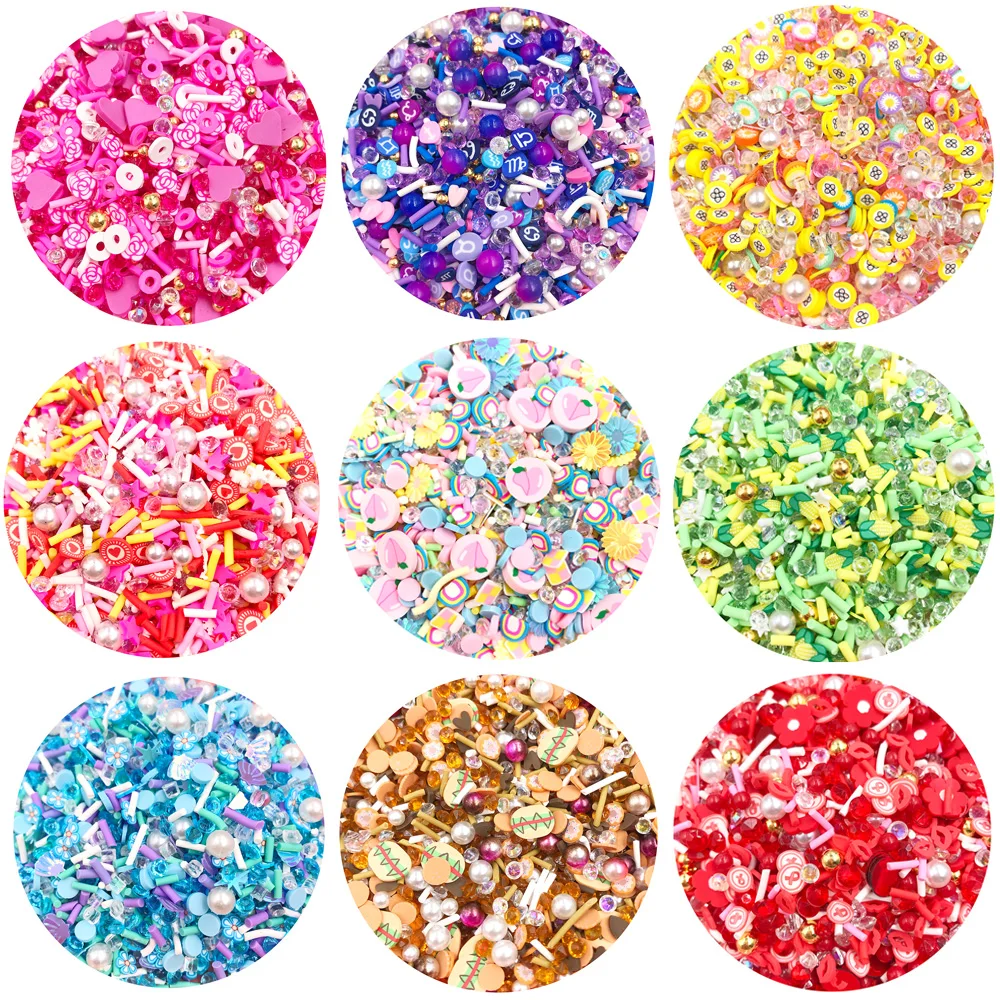 50g Mixed Clay Sprinkles Rhinestone Pearls Polymer Fruit Flower Slice DIY Slime Shaker Card Filling Accessories Decoration Craft