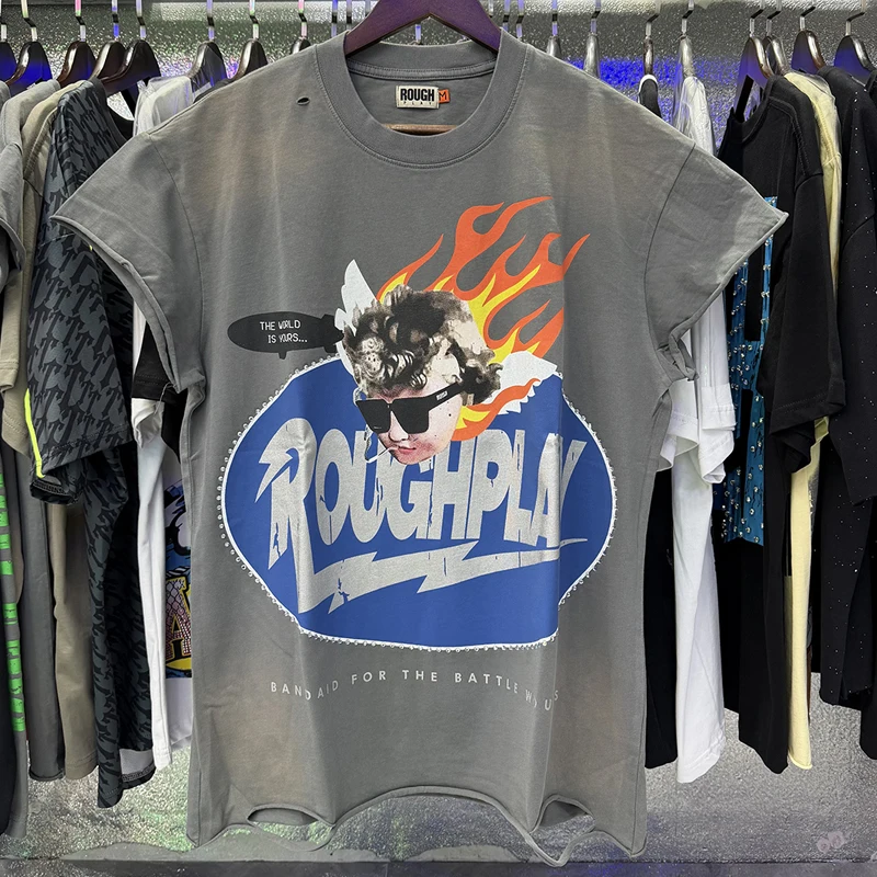 American Retro Washed Ironed Diamond Encrusted Men Women Loose Rough Play Tops  High-quality Trendy Hip Hop Distressed T-shirts