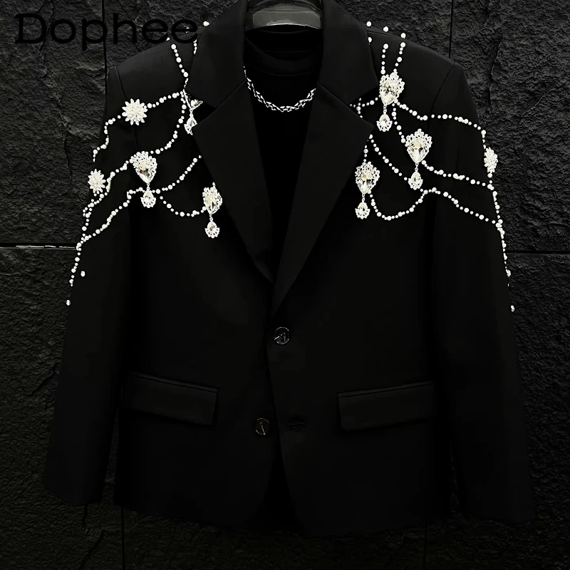 

High-end Rhinestone Blazers Men's 2026 Four Seasons Wear Handsome Pearl Design Tailored Coats Shoulder Padded Chic Suit Jackets