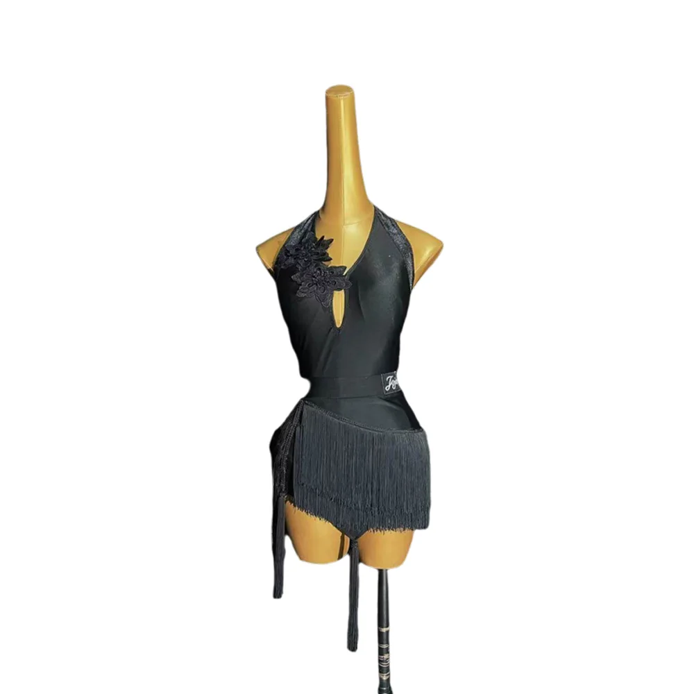 Bailarina latina para niños y adultos, Falda corta con borlas inclinadas y cuello en V personalizada de gama alta, vestido de actuación de piedra AB para Tango Samba