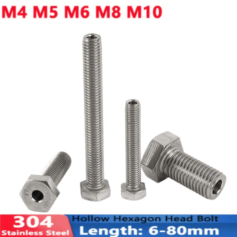 M4 M5 M6 M8 M10 304 Stainless Steel Hollow Hexagon Head Bolt Full Thread External Hex Through Hole Screw 6-80mm Fastener