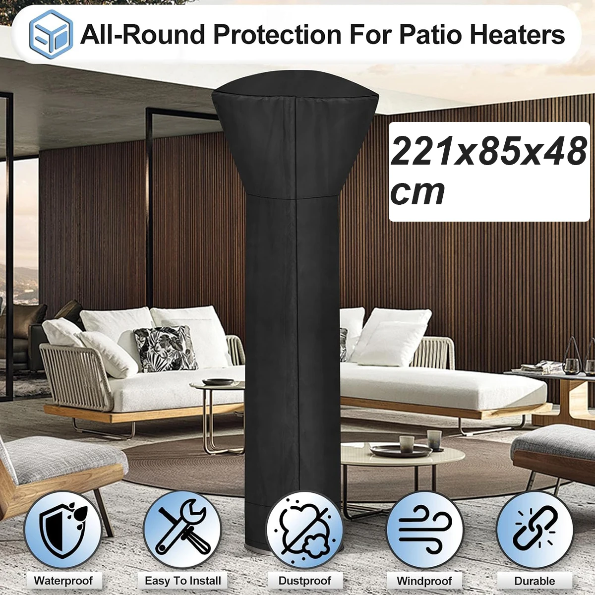 Patio Heater Cover Waterproof Courtyard Garden Heater Cover Pyramid Standup Outdoor Furniture Protection with Zipper 221x85x48cm