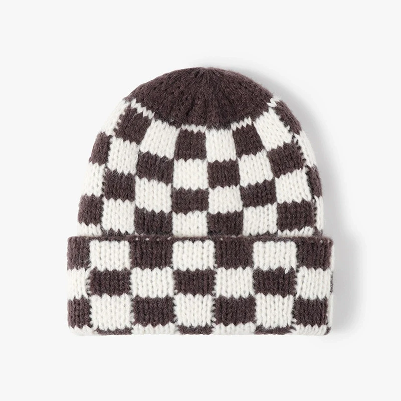 Schachbrett-Strickmütze, Herbst und Winter, koreanischer Stil, Nische, großer Kopfumfang, Wollmütze, japanischer Stil, Weihnachtsmütze – Detail 8