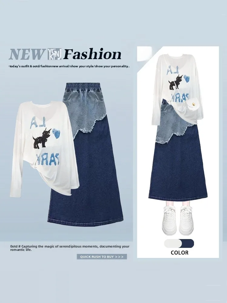 

Spring 2026 Korean Sle Pattern Slimming Long Sve T-irt Women's A-Line Skirt Two-Piece Set Thin Winter Faion
