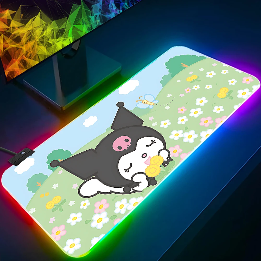 Cute Pink My Melody Kuromi RGB Pc Gamer Keyboard Mouse Pad Mousepad LED Glowing Mouse Mats Rubber Gaming Computer Mausepad