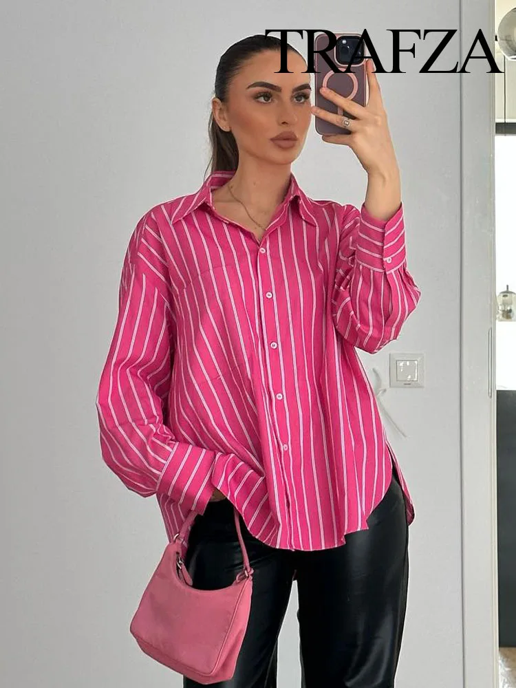 

TRAFZA 2024 Spring Blouses For Women Fashion Striped Loose Shirts Female Wild Basic Commute Office Lady Women's Shirt Top