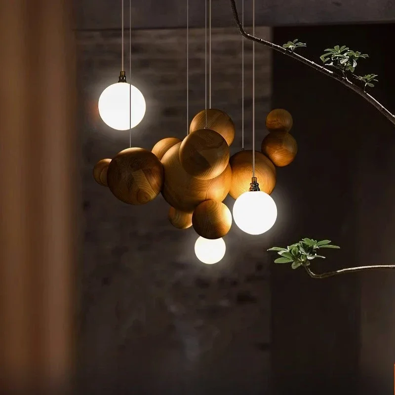 

Designer's Solid Wood Pendant Light Creative Art Kitchen Restaurant Hanging Lamp New Chinese Hotel Wooden Ball Bar LED Lighting