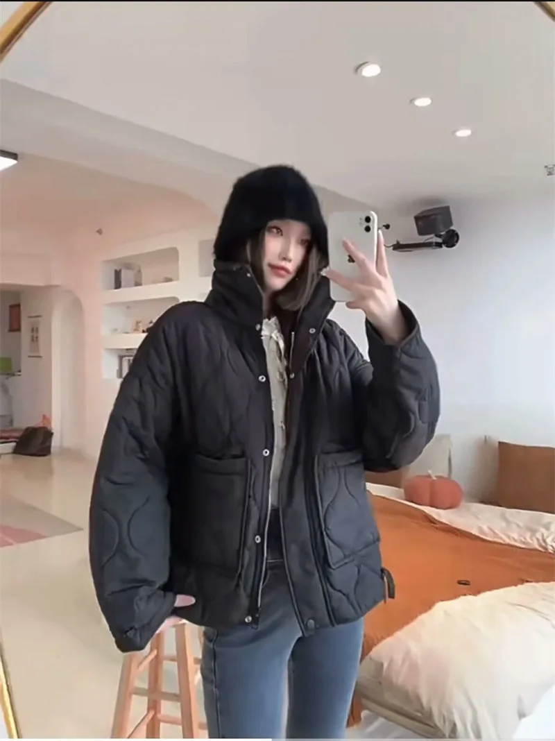 FRAYA LAB Zimowa Nowa Kolekcja Damska Prosty Krój Luźny Ciepły Wiatroodporny Stójka Lekka Kurtka Bawełniana Casualowa Modna