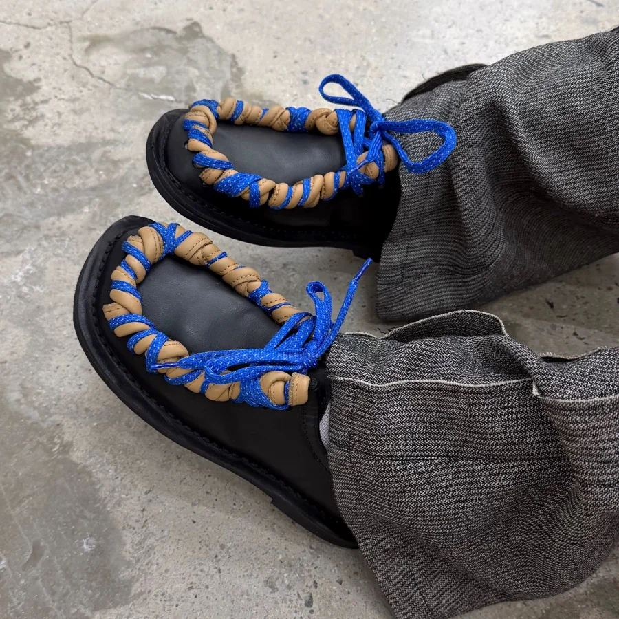 Unisex Vintage Square Toe Blue Braided Rope Derby Shoes Woven Boat Style Cute Casual Leather Loafers for Men Women Size 36-45