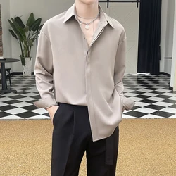 2023 New England Men's Shirt Advanced Luxury Silky Drape Shirt Long Sleeve Solid Color Hidden Button Loose Casual Inner Shirt