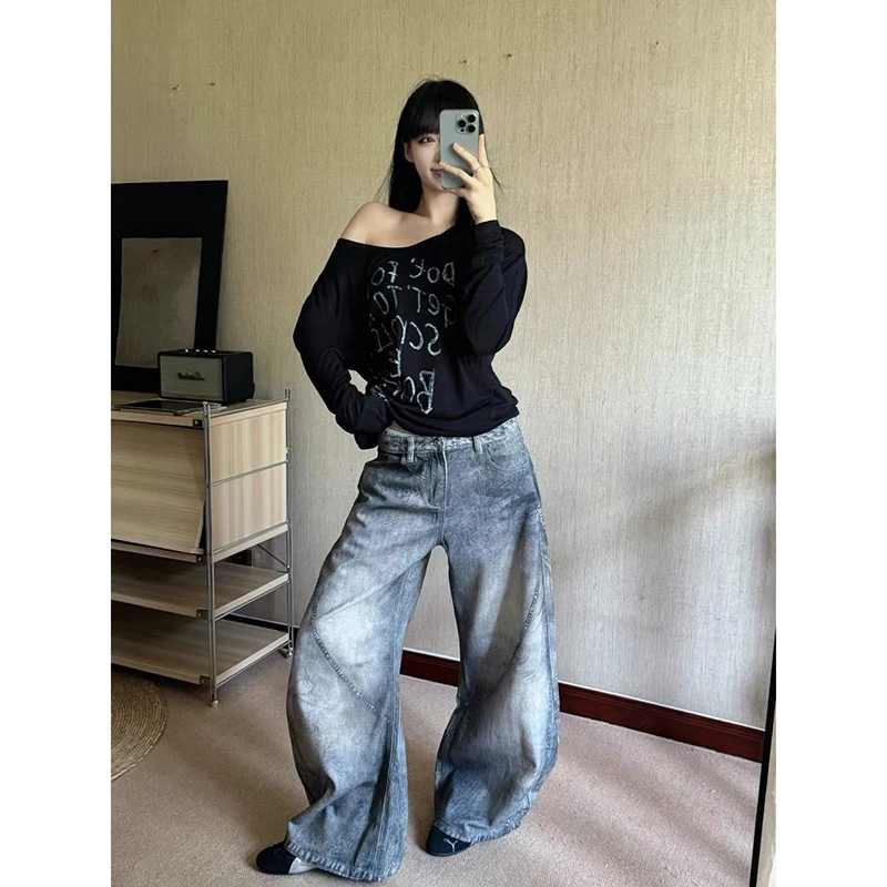 ZHIZOU Женские мешковатые широкие джинсы Серые джинсовые брюки Американский винтаж 2000-х годов Bleach High Street Y2K Японский Harajuku Ковбойский гранж