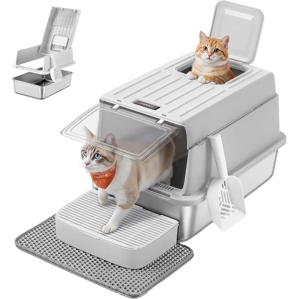

Gray Steel Cat Litter Box with Lid, Catcher Mat, Suitable for Cats up to 33 lbs