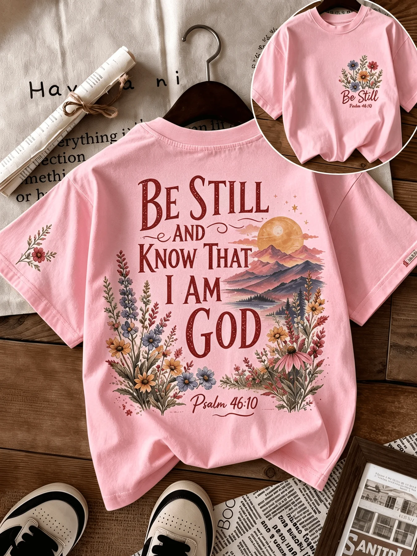 Summer Women's Short Sleeved T-shirt with Wildflower Mountain View Inspirational Text Printing Round Neck Casual Top Fashionable