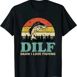 Dilf-damn I Love Fishing 재밌는 남성 여성 어부 티셔츠, 물고기 실루엣, 레트로 프린트 티셔츠, 성인 순면 티셔츠