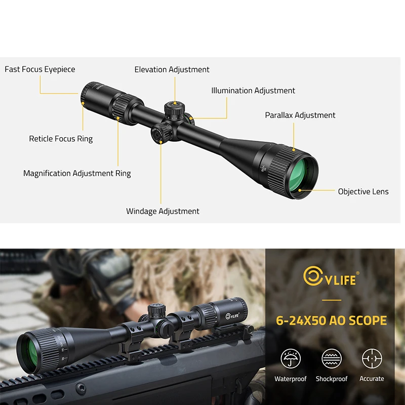 

CVLIFE 6-24x50 AO Rifle Scope for Hunting Optics Sight Red Green Illuminated Mil-Dot Reticle 1 Inch Tube SFP Long Range Scopes
