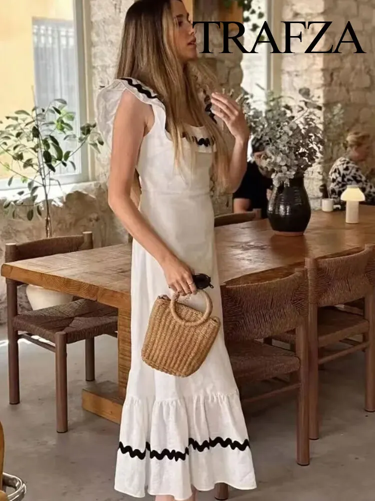 BabYoung Fashion Cotton And Linen Splicing Chic Square Neck Sleeveless Shoulder Straps Women's Sweet Pleated Dress