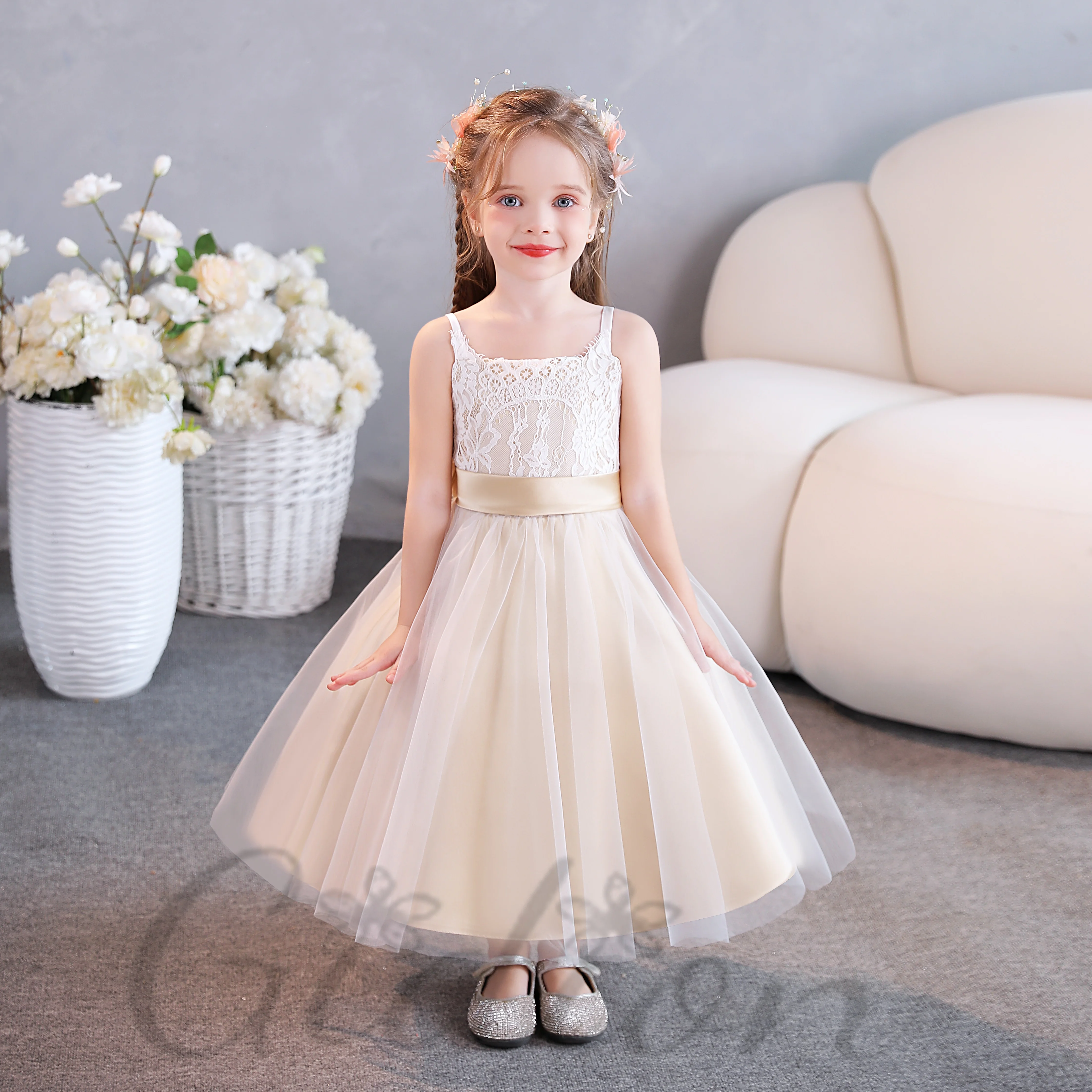 Lace Top Princess Flower Girl Dress For Kids Prom Night Wedding Ceremony Banquet Celebration Event Ball Party Gift Show Pageant