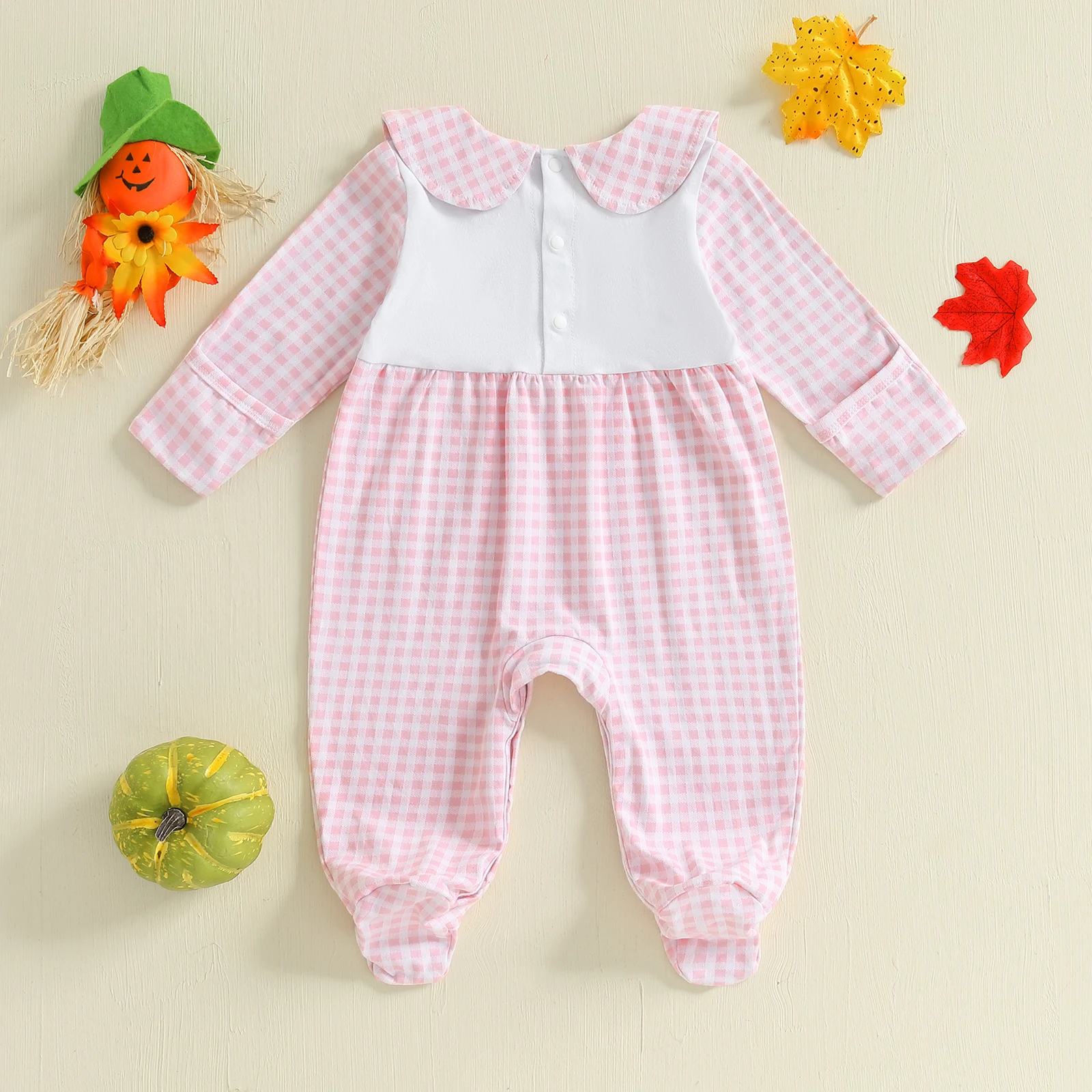 SUNSIOM 0-18 Months Baby Halloween Romper Pumpkin Embroidery Plaid Doll Collar Long Sleeve Footie Jumpsuit for Fall
