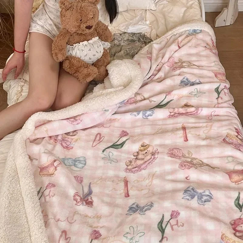 

Kawaii Bear Cake Reversible Blanket Girls Woman Sofa Air Conditioner Warm Shawl Retro Floral Theme Children Bedroom Bed Blanket