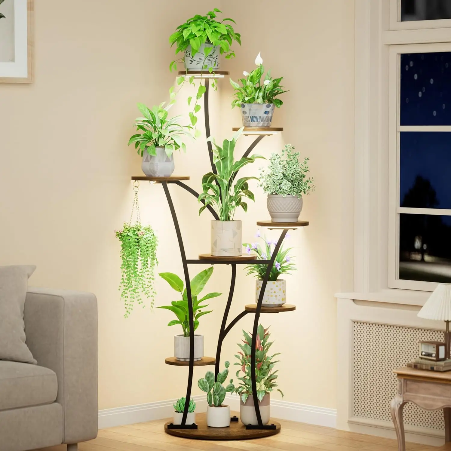 

59'' Tall Indoor Plant Stand with Grow Lights, Corner Shelves for Plants, Tiered Flower Holder Tree-Shaped Rack in Black