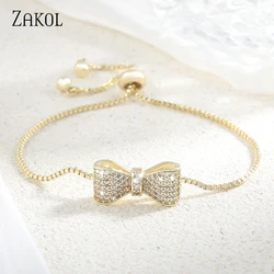 ZAKOL Fashion Zirconia Crystal Bow Adjustable Bracelet & Bangle for Women Brilliant CZ Party Jewelry Pulseira Feminia FSBP2034