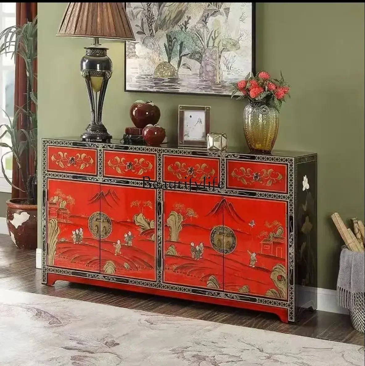 01New Chinese-style entrance cabinet Ming and Qing classical red paint painted living room entrance foyer storage side cabinet