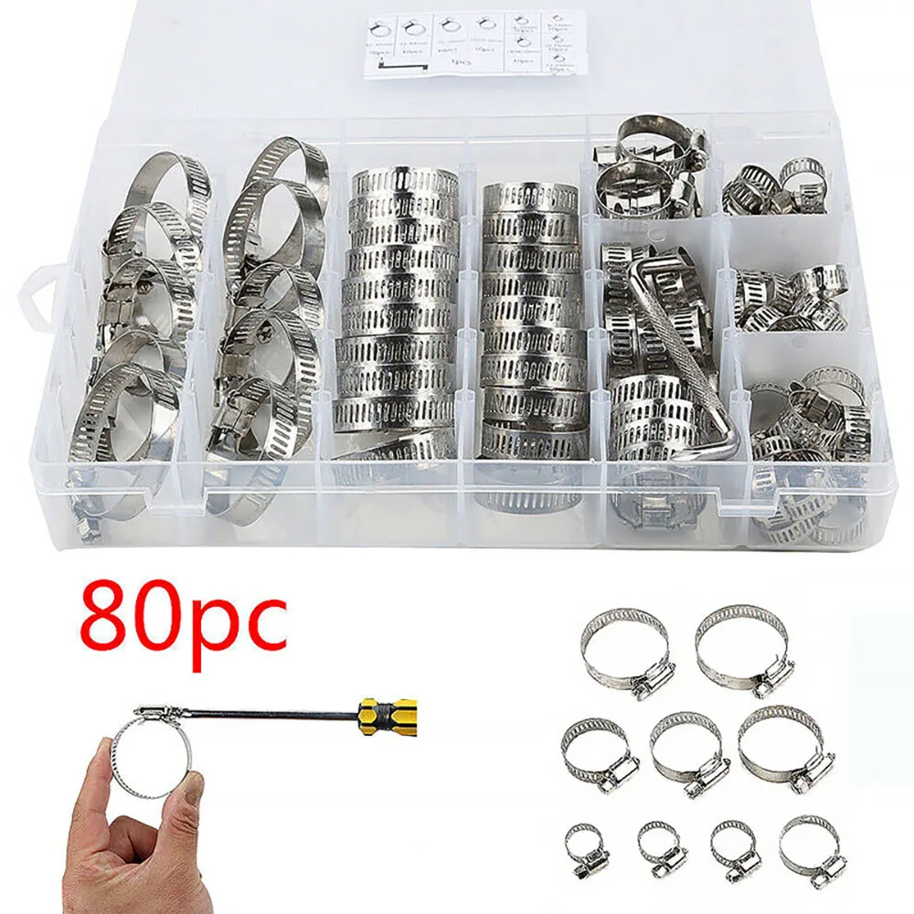 

80Pcs Stainless Steel Hose Clamp Kit Assorted Pipe Hoop Tube Collars Set