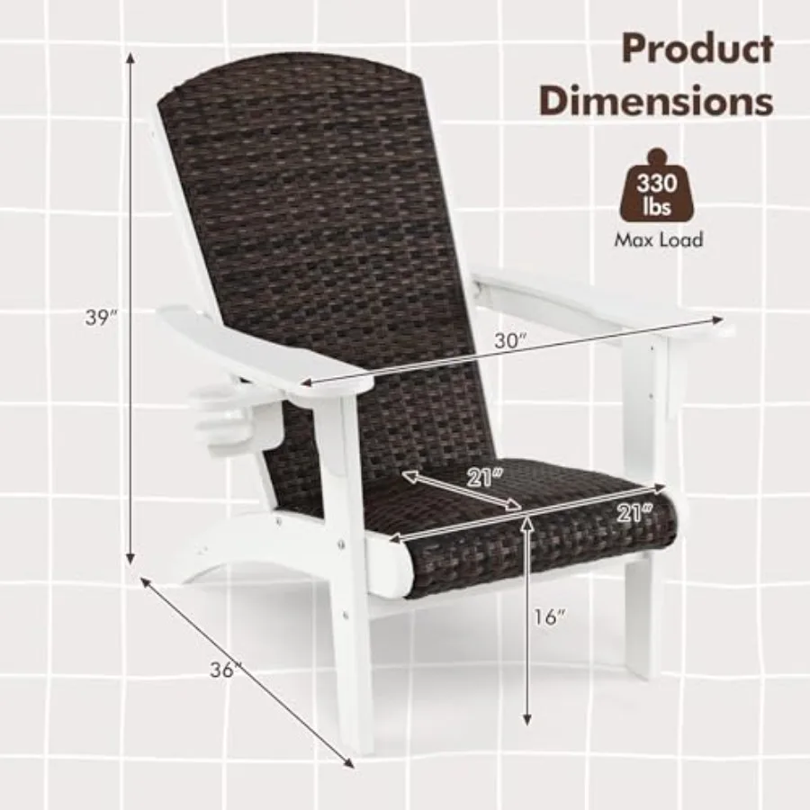 Patio Wicker Adirondack Chair, HDPE All-Weather Lounge Chair with Rattan Padded Seat Back, White, Wide Armrests Hidden Cupholde