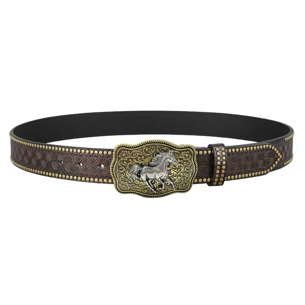 Vintage Carved Western Cowboy Belt Luxury Design Horse Buckle PU Leather Belt Trendy Brand Embossed Rivet Belt For Women Man
