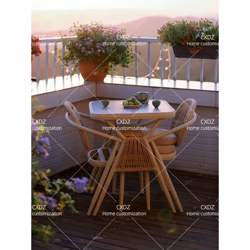 Outdoor Rattan Wicker Patio Furniture Set 3 Piece Balcony Small Table and Two Chairs Casual Tea Drinking Conversation Set
