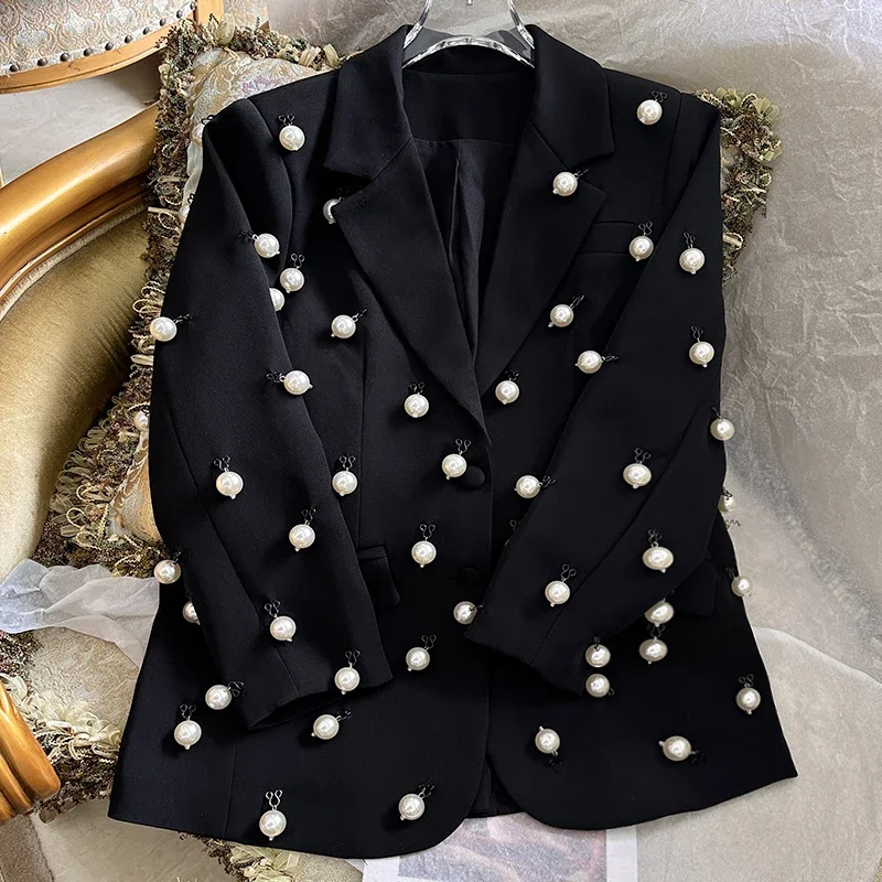 Temperament Big Pearl Black Suit Jacket Female 2024 Autumn and Winter New French Style Party Coat Women Blazers and Jackets