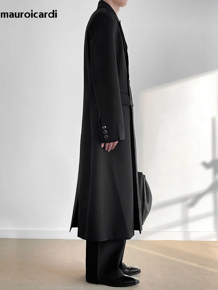 Mauroicardi Spring Autumn Long Fitted Black Trench Coat for Men Shoulder Pads Peaked Lapel Double Breasted Luxury Chic Overcoat 4 Mauroicardi Spring Autumn Long Fitted Black Trench Coat for Men Shoulder Pads Peaked Lapel Double Breasted Luxury Chic Overcoat 4
