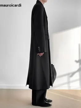 Mauroicardi Men's Fitted Black Luxury Trench Coat 4 Mauroicardi Spring Autumn Long Fitted Black Trench Coat for Men Shoulder Pads Peaked Lapel Double Breasted Luxury Chic Overcoat 4
