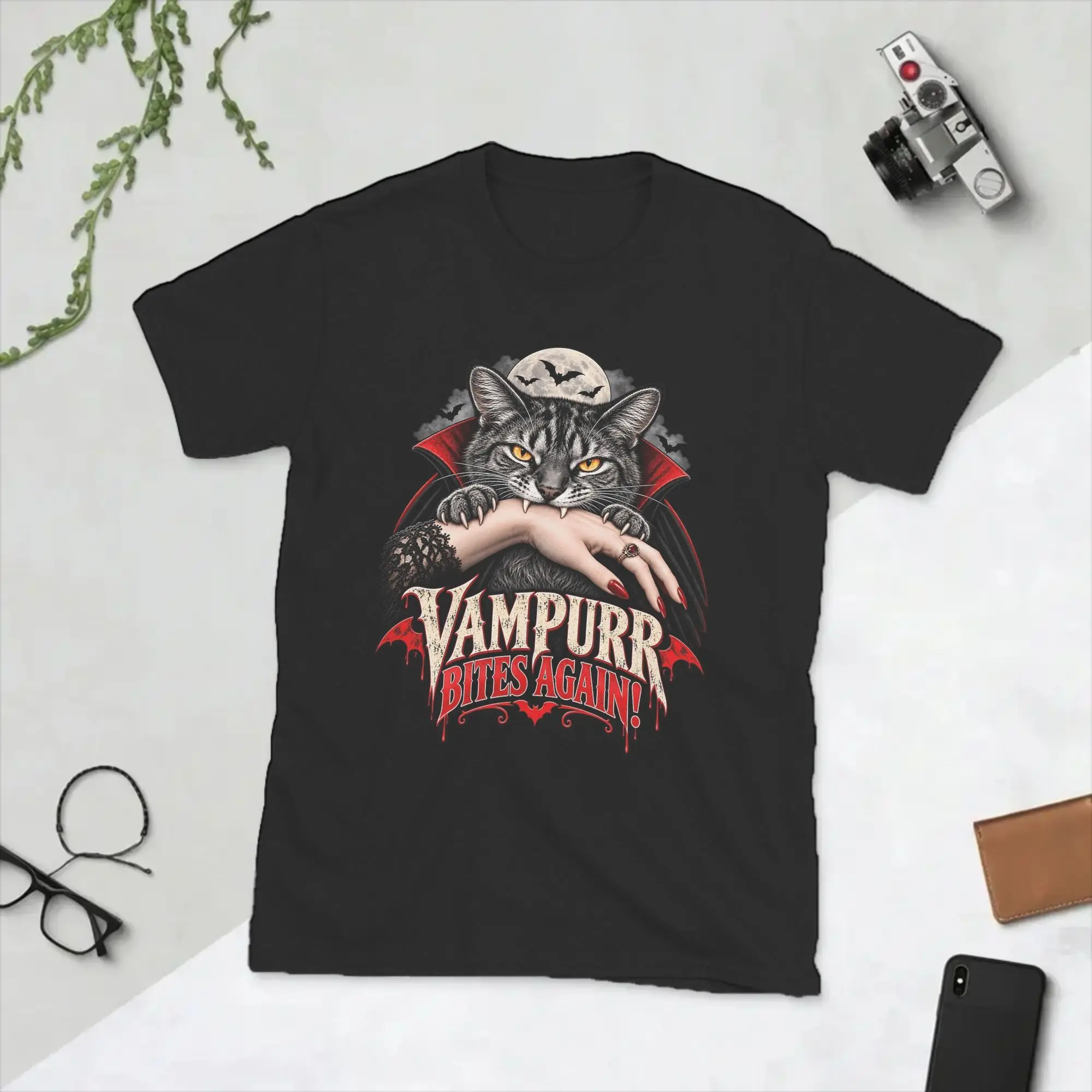 Fun Vampurr Bites Again Halloween Vampire Cat T-Shirts Men Crew Neck 100% Cotton T Shirt  Short Sleeve Tee Shirt Plus Size Tops