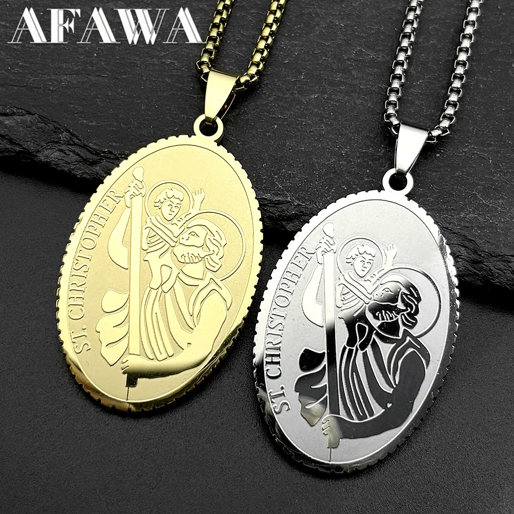 

Saint Christopher Protect Us Oval Medal Pendant Necklace for Women Men Stainless Steel Gold Color Christian Chain Jewelry Gift