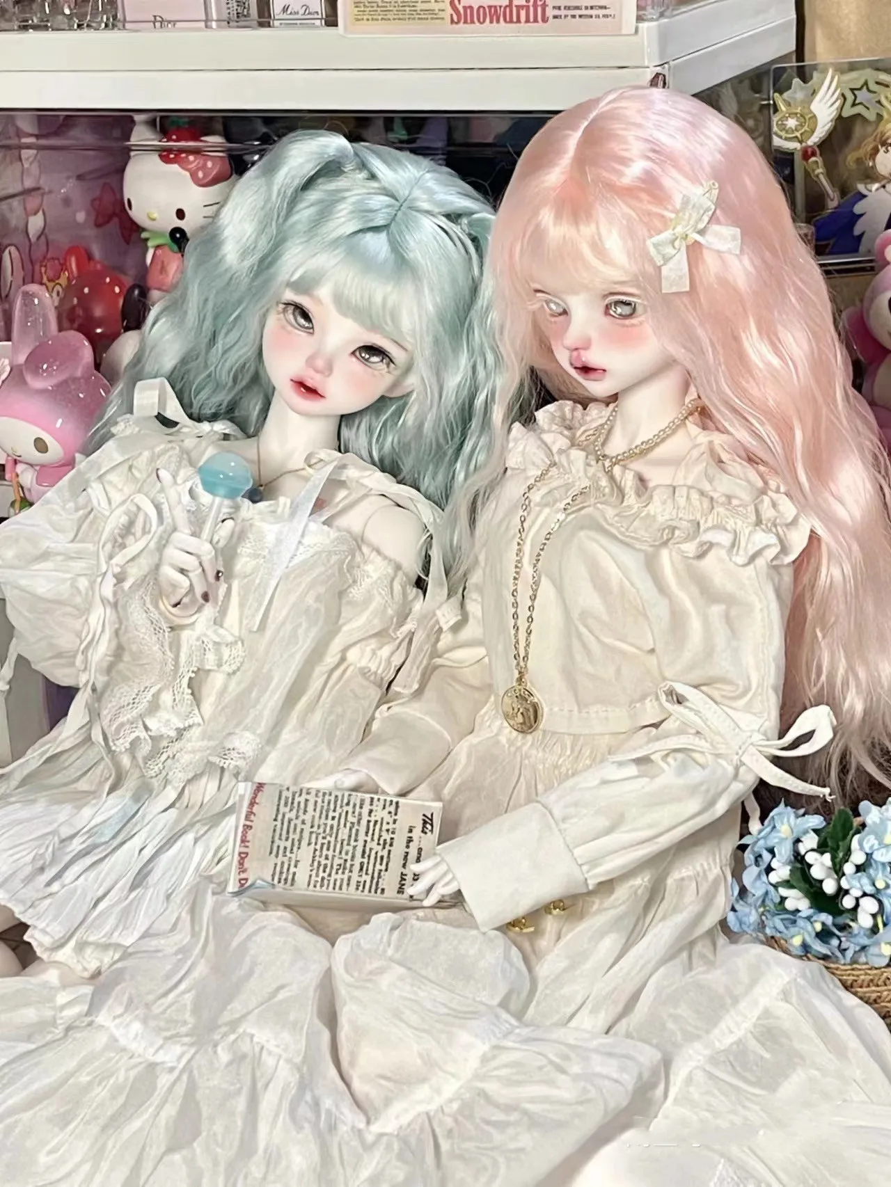 

Hair For Doll Fashion 1/4 mohair wig hard head shell Blue double ponytail long roll hair