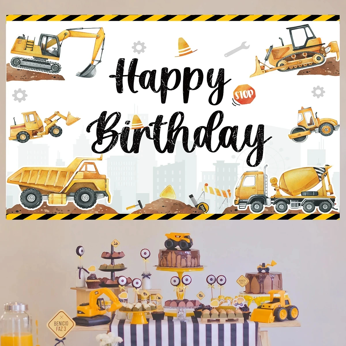 Construction Truck Party Backdrop Happy Birthday Party Decoration Kids Boy Truck Excavator Vehicle 1st Birthday Supplies