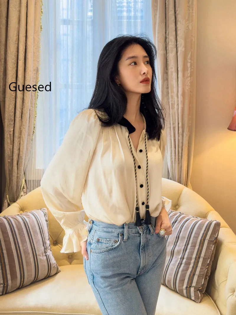 

Women French Design Peter Pan Collar Shirt Puff Sleeve Top Vintage Royal Autumn Laides Blouse Champagne New Arrival