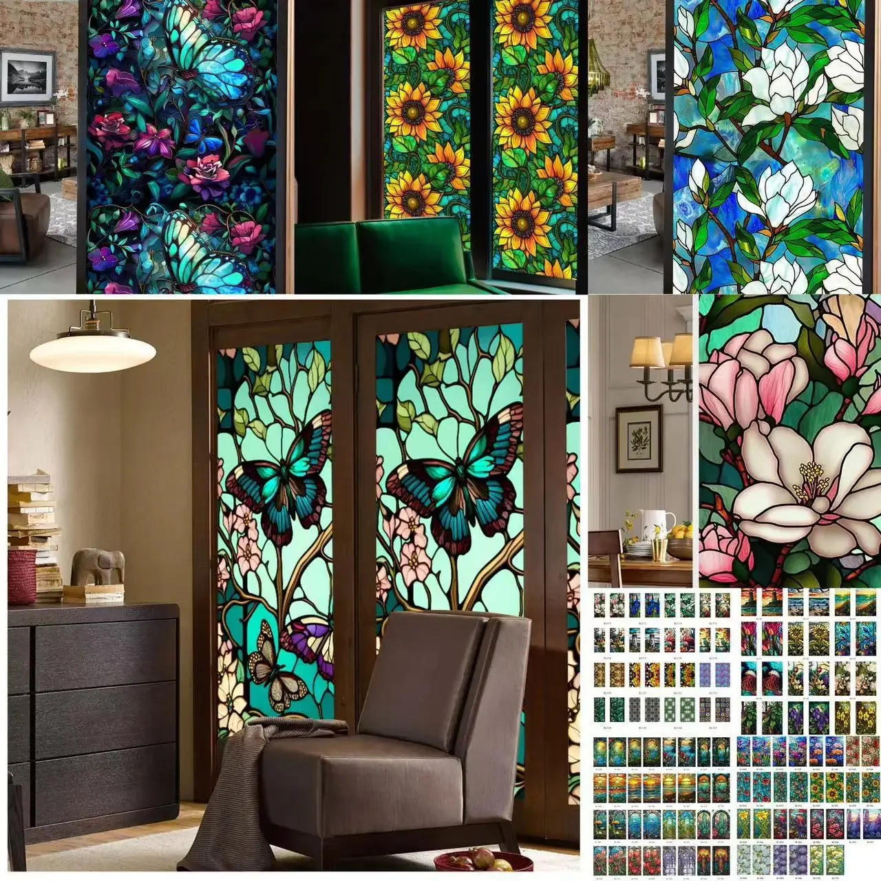 Pegatina de vidrio de ventana estática de PVC, película decorativa teñida, privacidad, Retro, flor, pájaro, colorida, 45/60cm