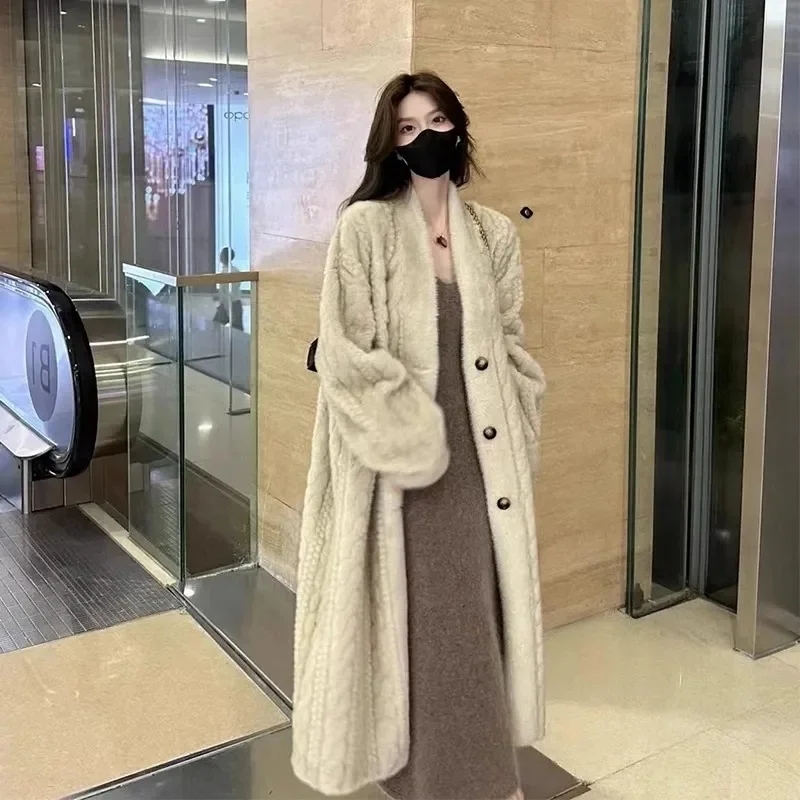 French Fashion Lazy Wind Hemp Pattern Cardigan Coat Women 2024 Winter New Versatile Plush Thickened One Piece Coat Solid Color