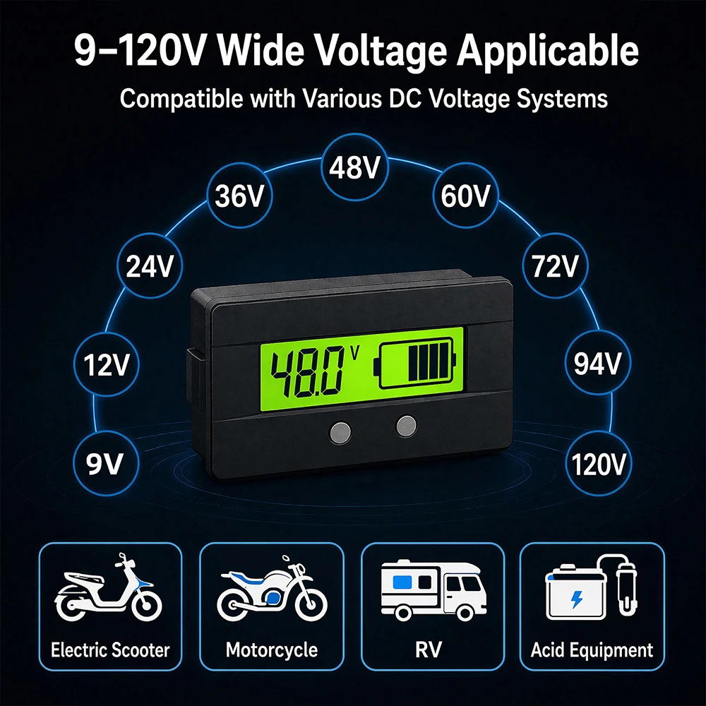 Universeller LCD-Digital-Batteriespannungsanzeiger 9-120V mit Ladezustandsanzeige, Schnappmontage für Lithium- und Blei-Säure-Batterien – Detail 14